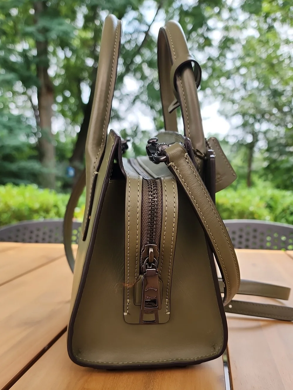 Coach Andrea Carryall Bag Leather Military Green Satchel Crossbody CP081